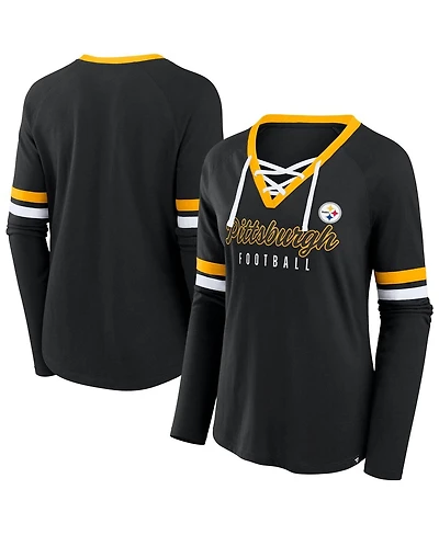 Fanatics Women's Black Pittsburgh Steelers Plus Won Done Lace-Up V-Neck Long Sleeve T-Shirt