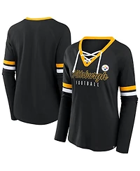 Fanatics Women's Black Pittsburgh Steelers Plus Won Done Lace-Up V-Neck Long Sleeve T-Shirt