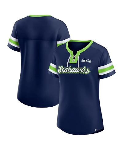 Fanatics Women's College Navy Seattle Seahawks True Catch Iconic Rhinestone Bling Athena Lace-Up T-Shirt