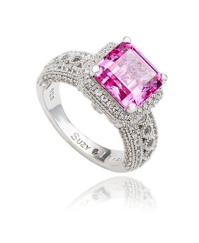 Suzy Levian Sterling Silver Sapphire & Created White Sapphire Emerald-Cut Ring