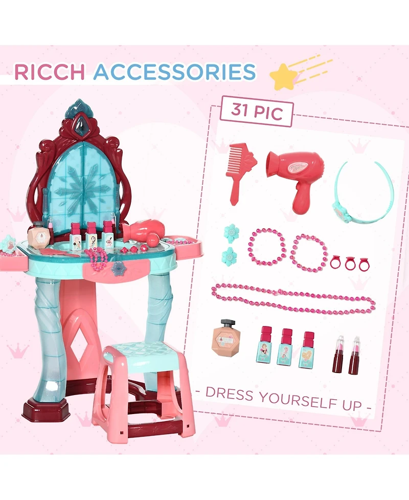 Qaba Kids Vanity Makeup Table Set with Chair and 31-Piece Collection, Mirror Princess Vanity Table with Self-Opening Magic Mirror, Music, Light, Imagi
