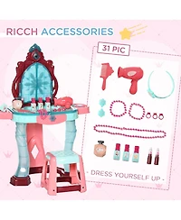 Qaba Kids Vanity Makeup Table Set with Chair and 31-Piece Collection, Mirror Princess Vanity Table with Self-Opening Magic Mirror, Music, Light, Imagi