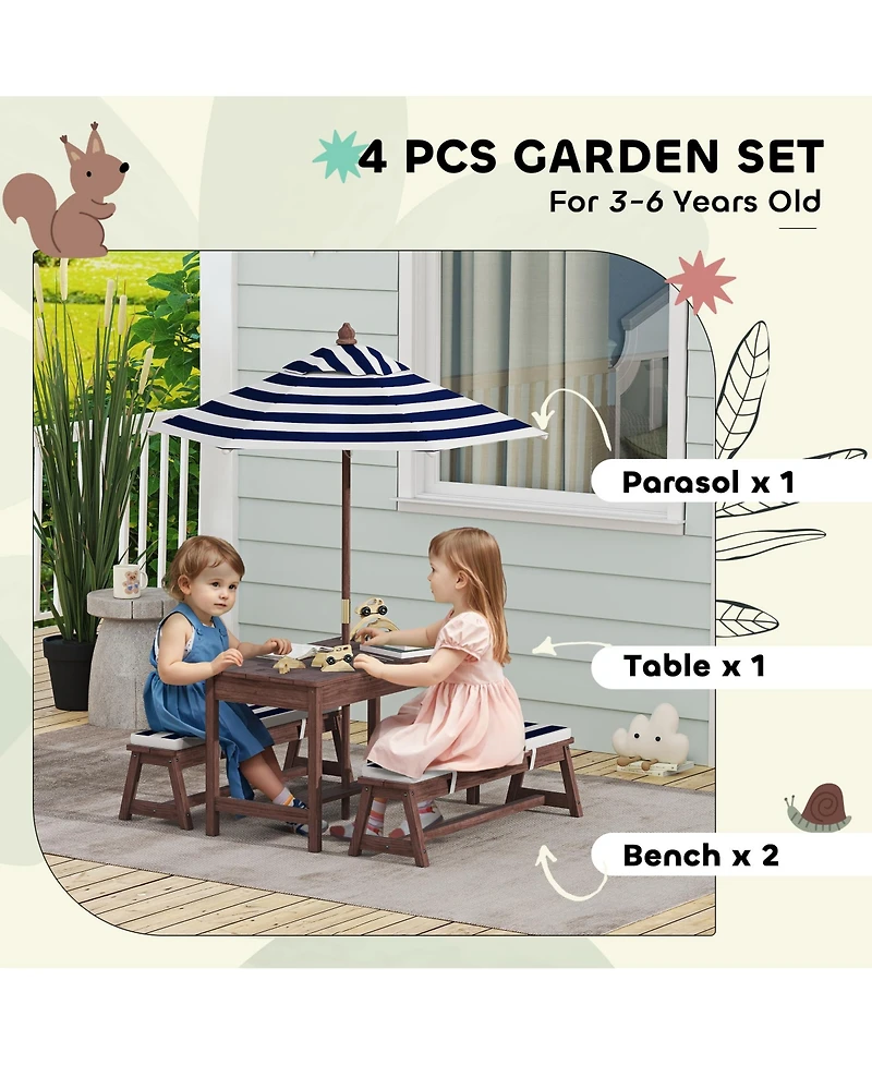 Qaba Kids Picnic Table, Wooden Table & Bench Set w Cushions, Umbrella,