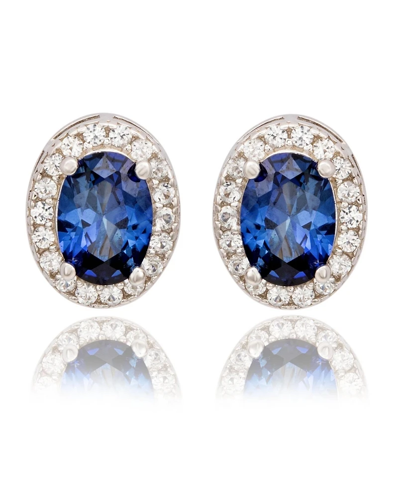 Suzy Levian New York Sterling Silver Oval Cut Sapphire Halo Stud Earrings