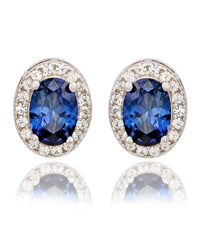 Suzy Levian New York Sterling Silver Oval Cut Sapphire Halo Stud Earrings