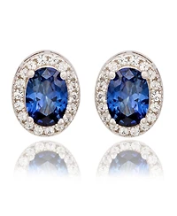 Suzy Levian New York Sterling Silver Oval Cut Sapphire Halo Stud Earrings