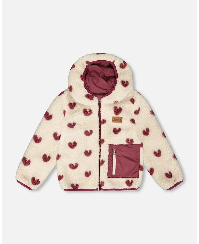 Deux par Baby Girl Reversible Mid-Season Sherpa Jacket Burgundy Heart 