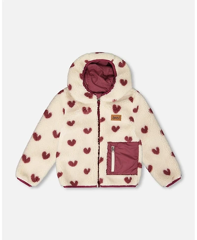 Deux par Baby Girl Reversible Mid-Season Sherpa Jacket Burgundy Heart 