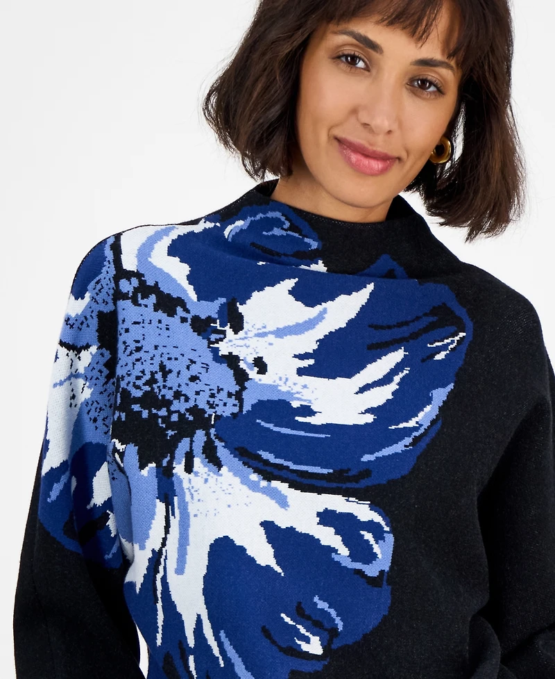 T Tahari Women's Floral Funnel-Neck Long-Sleeve Sweater