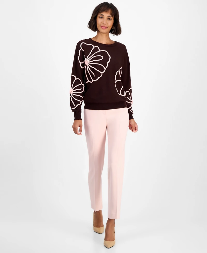T Tahari Women's Floral-Embroidered Long-Sleeve Sweater