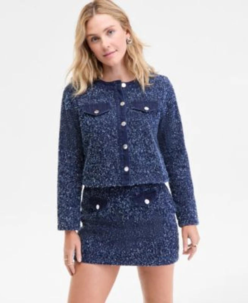 On 34th Womens Denim Trim Tweed Cropped Jacket Denim Trim Tweed Mini Skirt Macys Exclusive