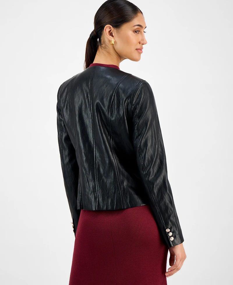 T Tahari Women's Button-Front Faux Leather Jacket
