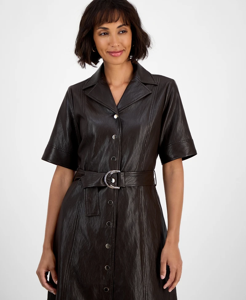 T Tahari Women's Faux-Leather Belted Button-Front Dress