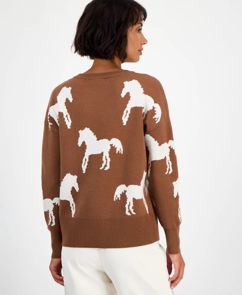 T Tahari Women's Horse-Print Crewneck Long-Sleeve Sweater