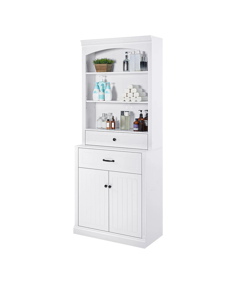 Casainc White Bathroom Storage Cabinet with Two Doors, Drawers, Adjustable Shelf & Open Shelves