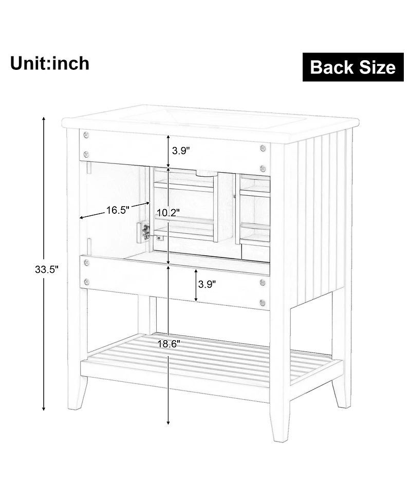Casainc 30" Modern Bathroom Vanity with Ceramic Sink, Solid Wood Frame, Open Shelf & Door Shelf Design