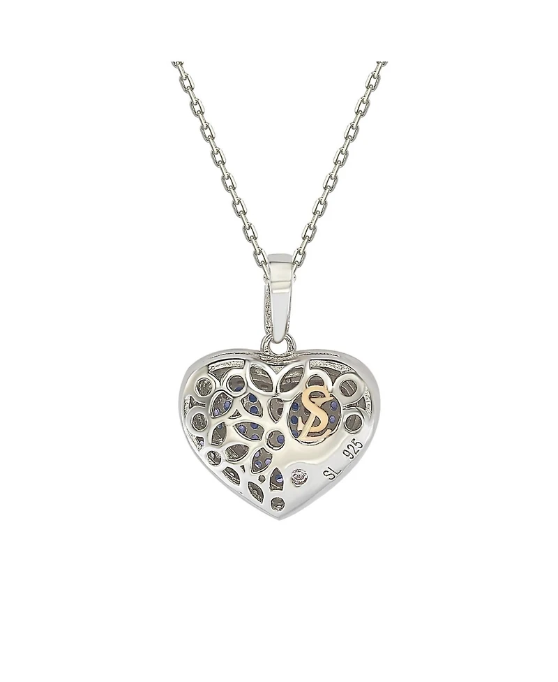 Suzy Levian New York Sterling Silver Sapphire Pave Puff Heart Pendant Necklace