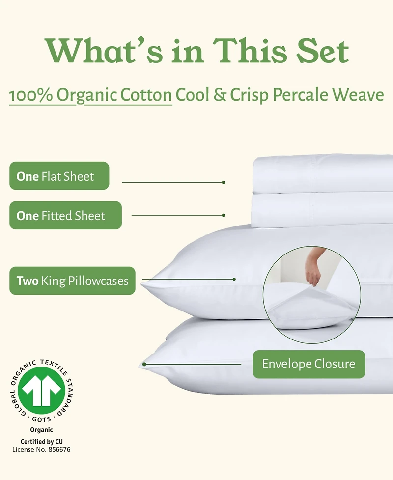 100% Organic Cotton Sheets Set, Percale Bed Sheet