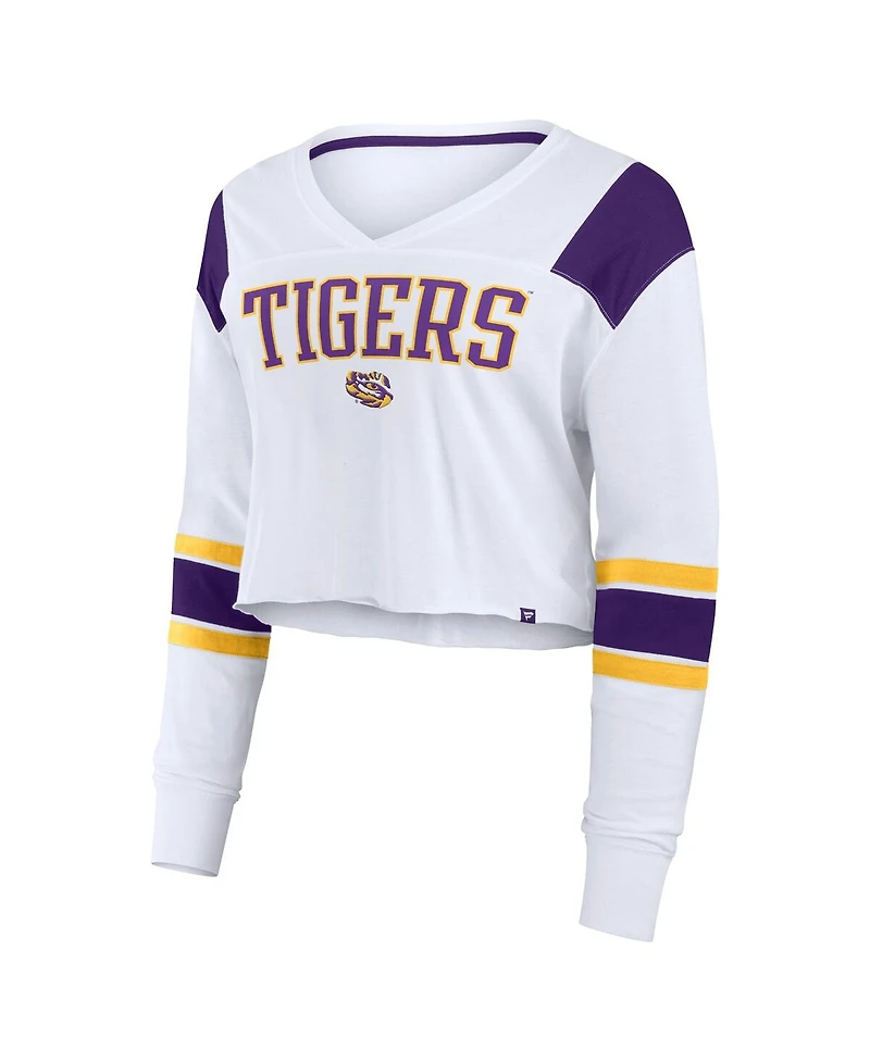 Fanatics Women's White Lsu Tigers Training Camp Cropped Long Sleeve V-Neck Fashion Top