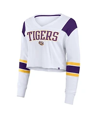 Fanatics Women's White Lsu Tigers Training Camp Cropped Long Sleeve V-Neck Fashion Top