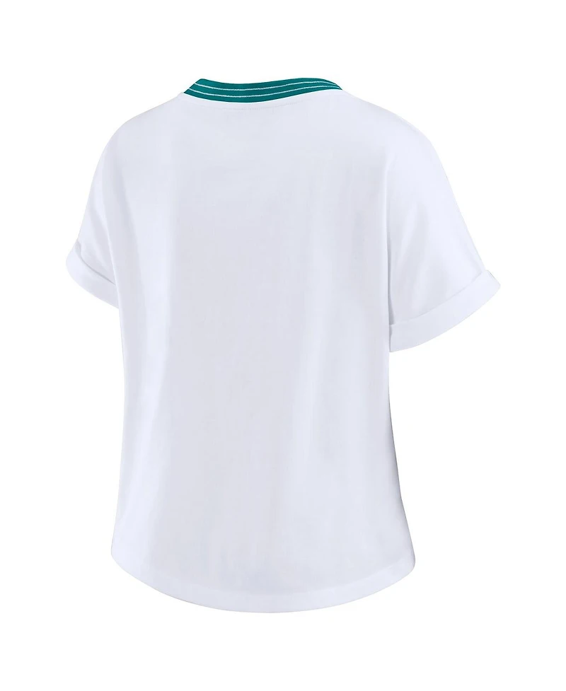 Wear by Erin Andrews Women's White Miami Dolphins Cropped Center Stripe Dolman T-Shirt