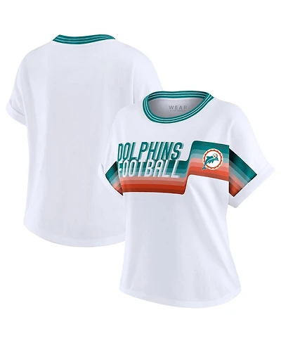 Wear by Erin Andrews Women's White Miami Dolphins Cropped Center Stripe Dolman T-Shirt