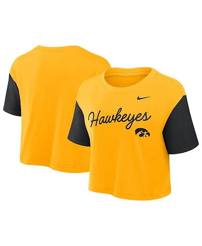 Nike Women's Gold/Black Iowa Hawkeyes Color-Block Script Performance Cropped T-Shirt