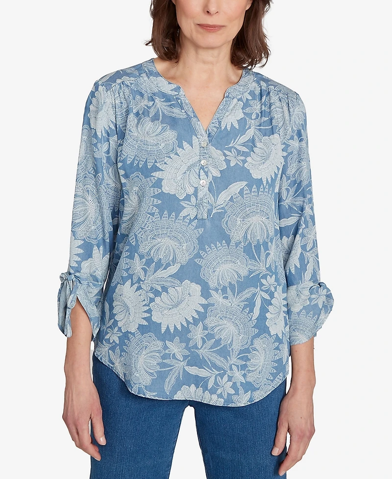 Alfred Dunner Women's Classic Floral Monotone Lyocell Henley Top