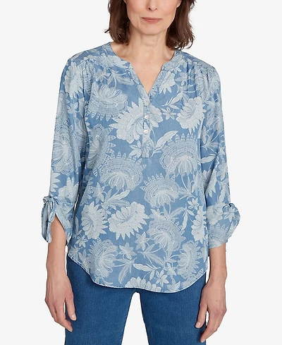 Alfred Dunner Women's Classic Floral Monotone Lyocell Henley Top