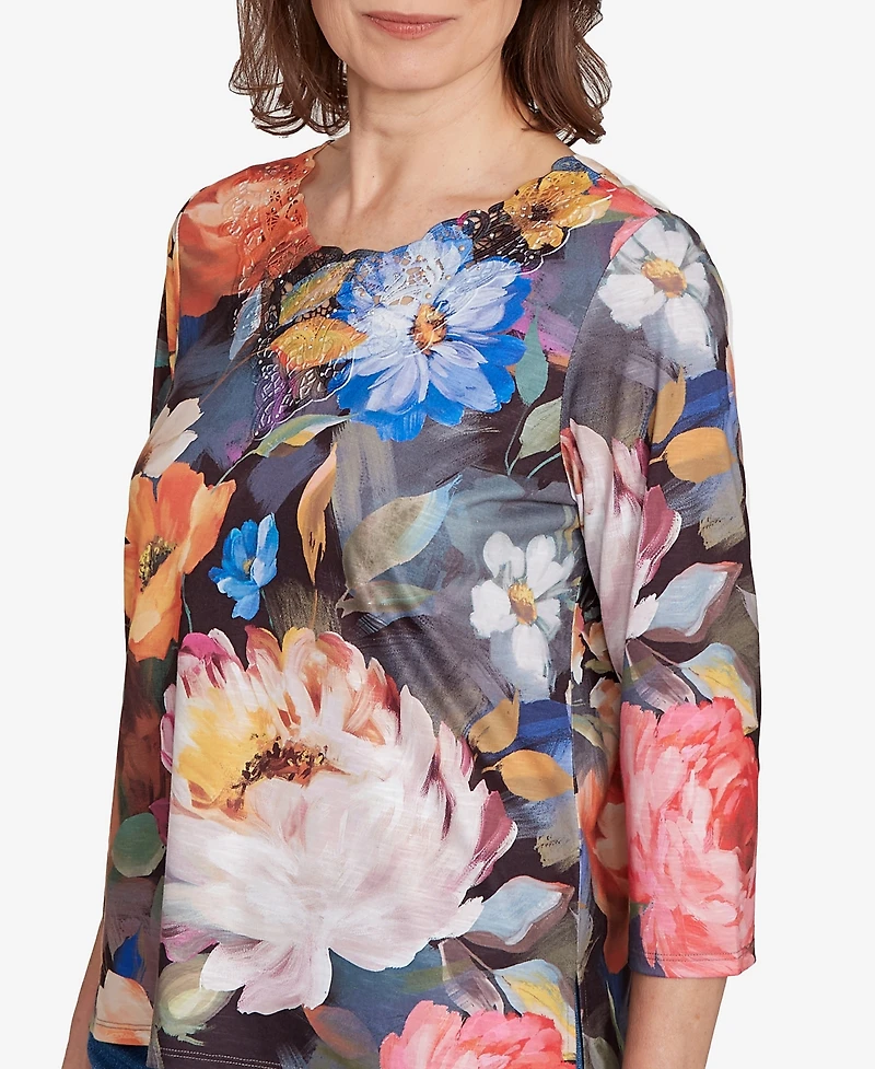 Alfred Dunner Women's Classic Dramatic Floral Lace Neck Top
