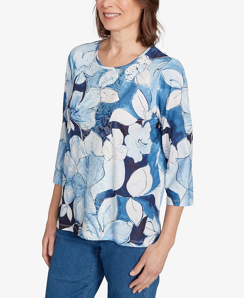 Alfred Dunner Women's Classic Monotone Floral Embellished Top