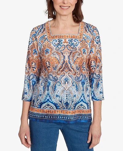 Alfred Dunner Women's Classic Medallion Bordered Square Neck Top