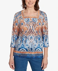 Alfred Dunner Women's Classic Medallion Bordered Square Neck Top