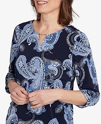Alfred Dunner Women's Classic Puff Print Paisley Gold Foil Top