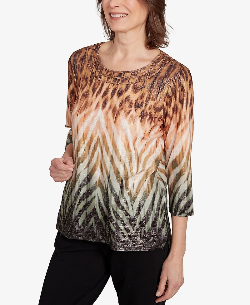 Alfred Dunner Women's Classic Ombre Animal Skin Three Quarter Sleeve Top