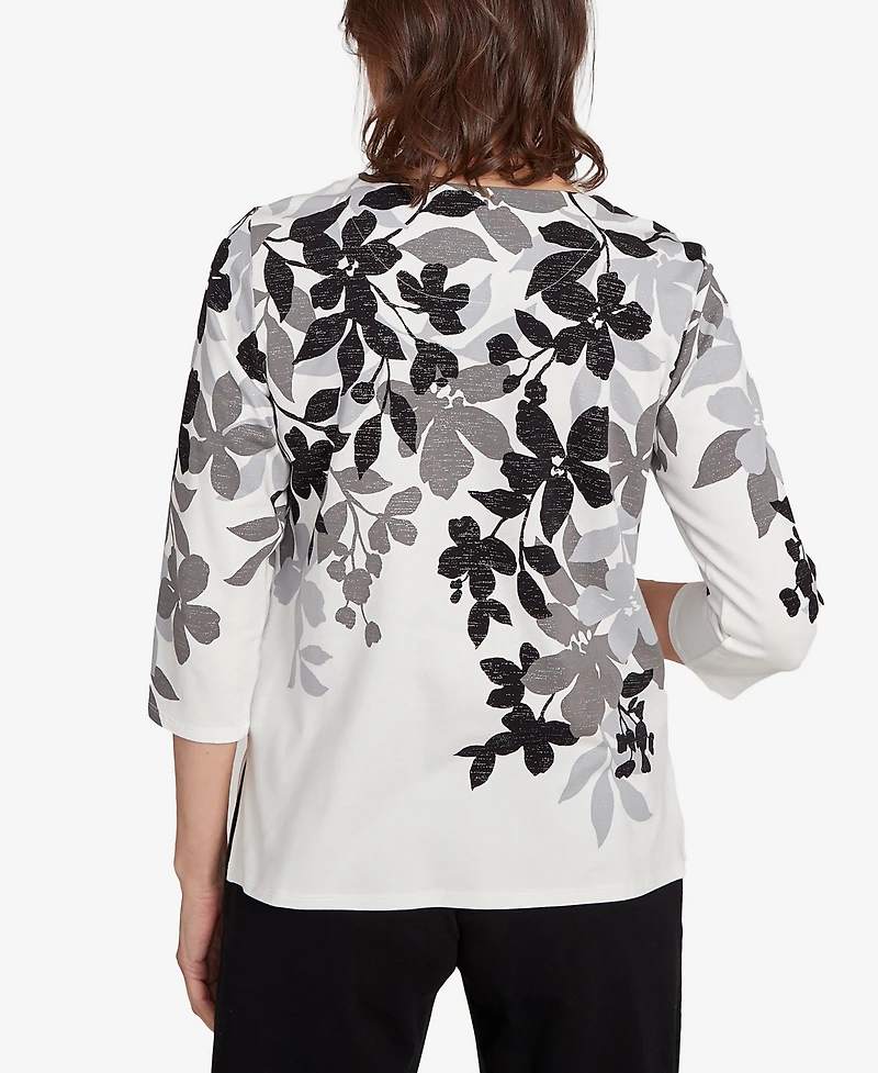 Alfred Dunner Women's Classic Shadow Leaf Three Quarter Sleeve Top