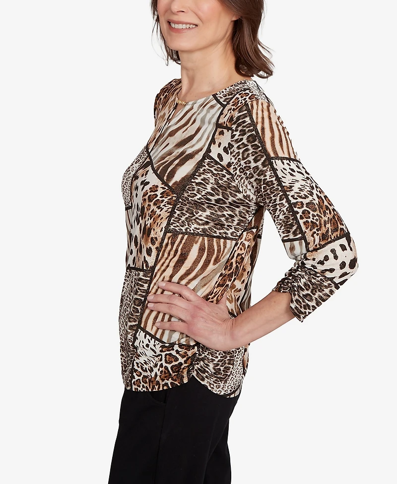 Alfred Dunner Women's Classic Puff Animal Print Color Block Top
