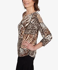 Alfred Dunner Women's Classic Puff Animal Print Color Block Top