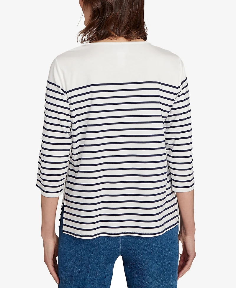 Alfred Dunner Women's Classic Sunflower Striped Crew Neck Top