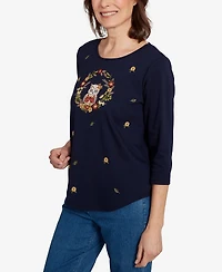 Alfred Dunner Women's Classic Owl Wreath Embroidered Crew Neck Top