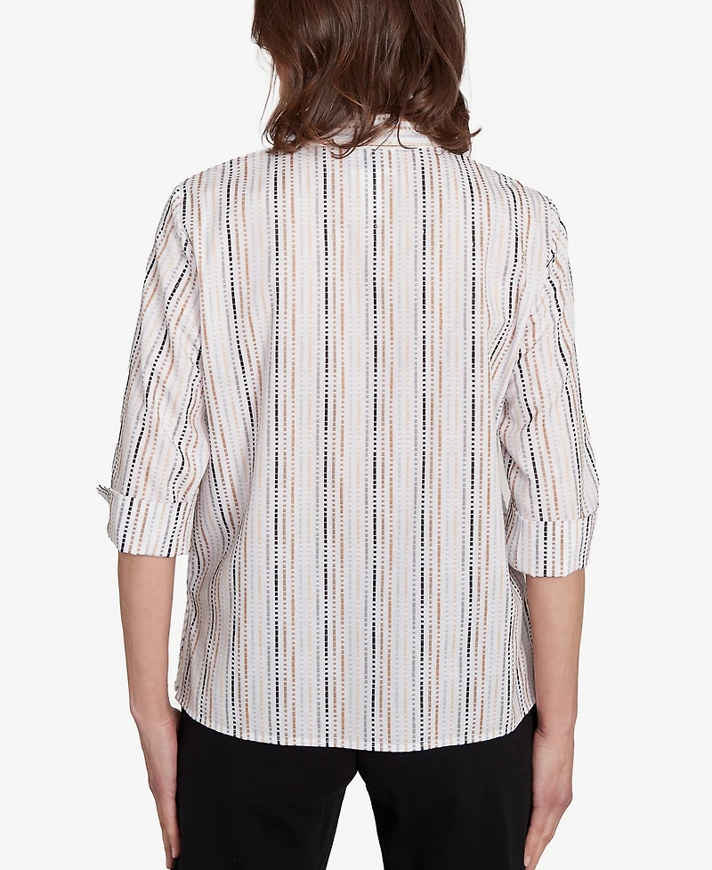 Alfred Dunner Women's Classic Mitered Textured Stripe Button Front Top