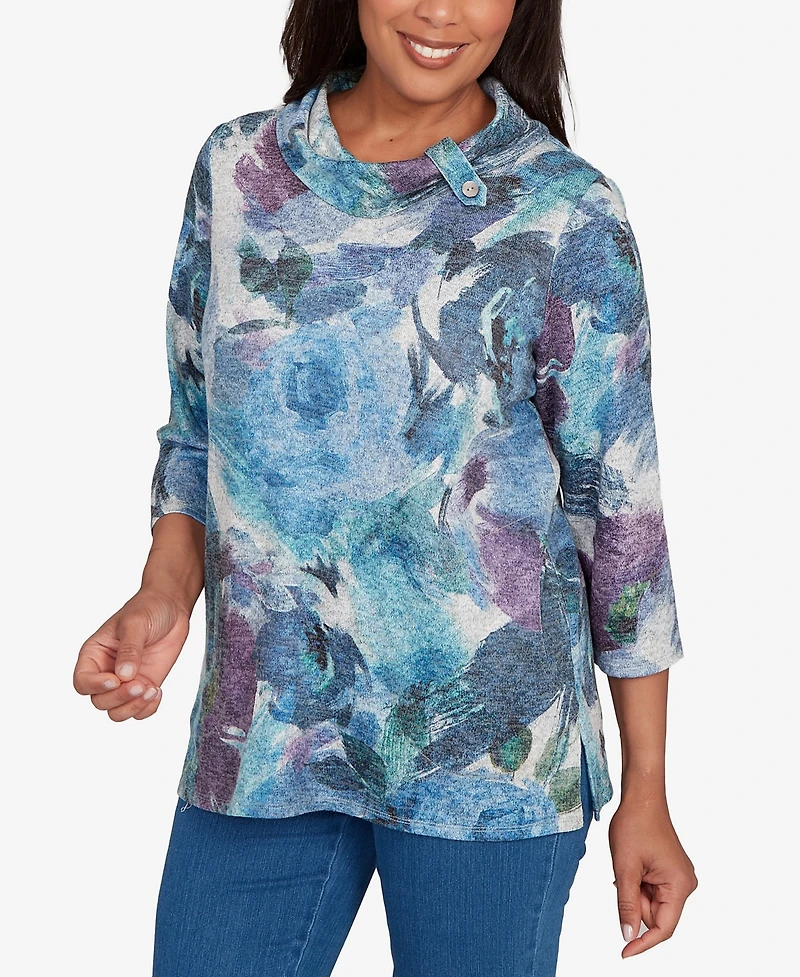 Alfred Dunner Women's Classic Floral Brushstroke Mock Neck Top