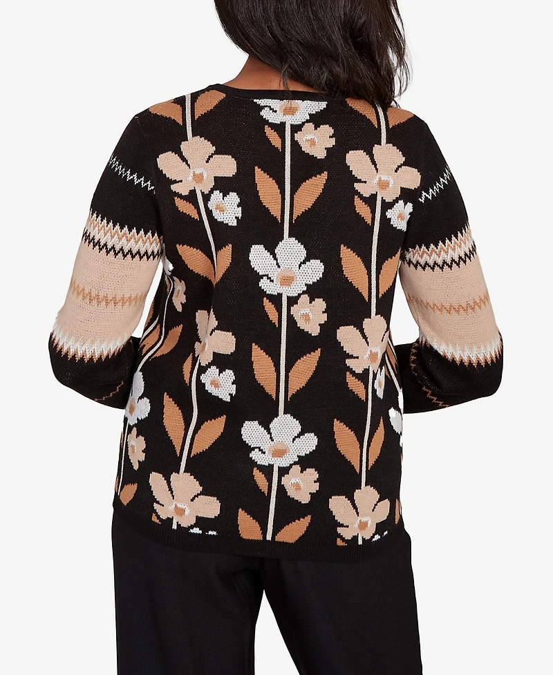 Alfred Dunner Women's Classic Vertical Flower Zig Zag Long Sleeves Sweater
