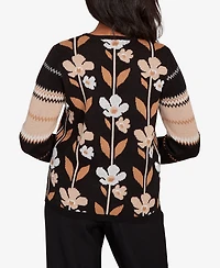 Alfred Dunner Women's Classic Vertical Flower Zig Zag Long Sleeves Sweater
