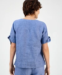 Charter Club Women's 100% Linen Split-Neck Tie-Cuff Top, Created for Macy's