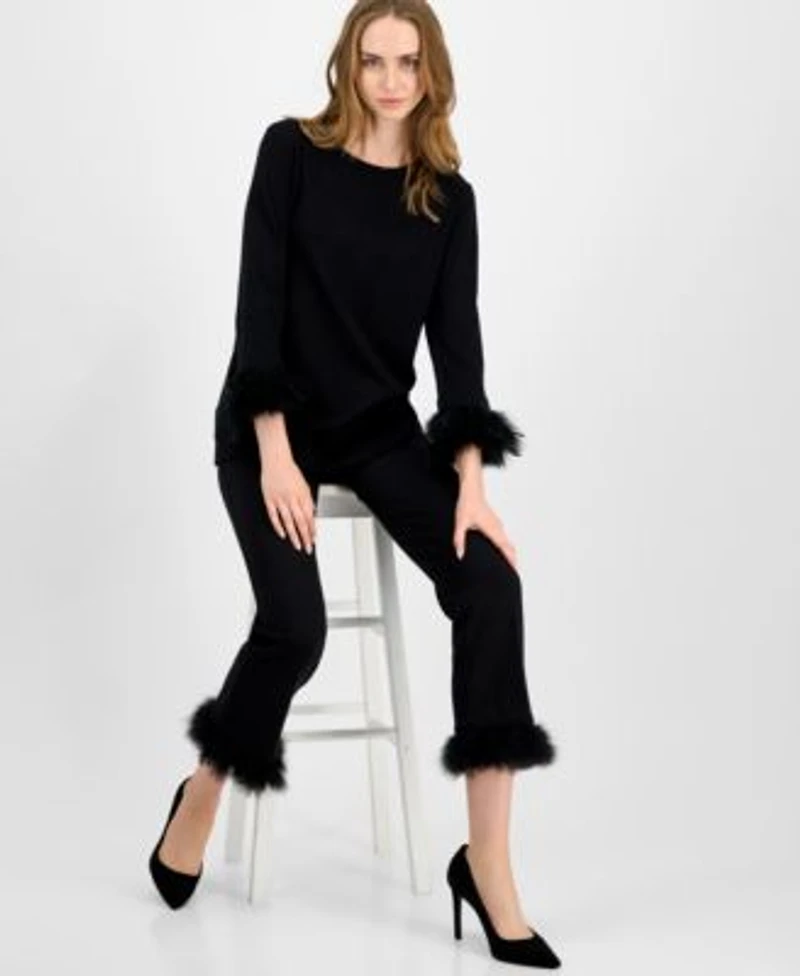 Anne Klein Womens Feather Trim 3 4 Sleeve Top Hollywood Waist Pull On Feather Trim Pants