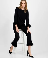 Anne Klein Womens Feather Trim 3 4 Sleeve Top Hollywood Waist Pull On Feather Trim Pants