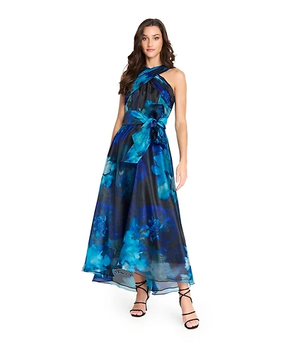 Tahari Asl Women's Printed Organza Cross Neck Midi Dress