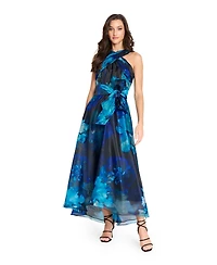 Tahari Asl Women's Printed Organza Cross Neck Midi Dress