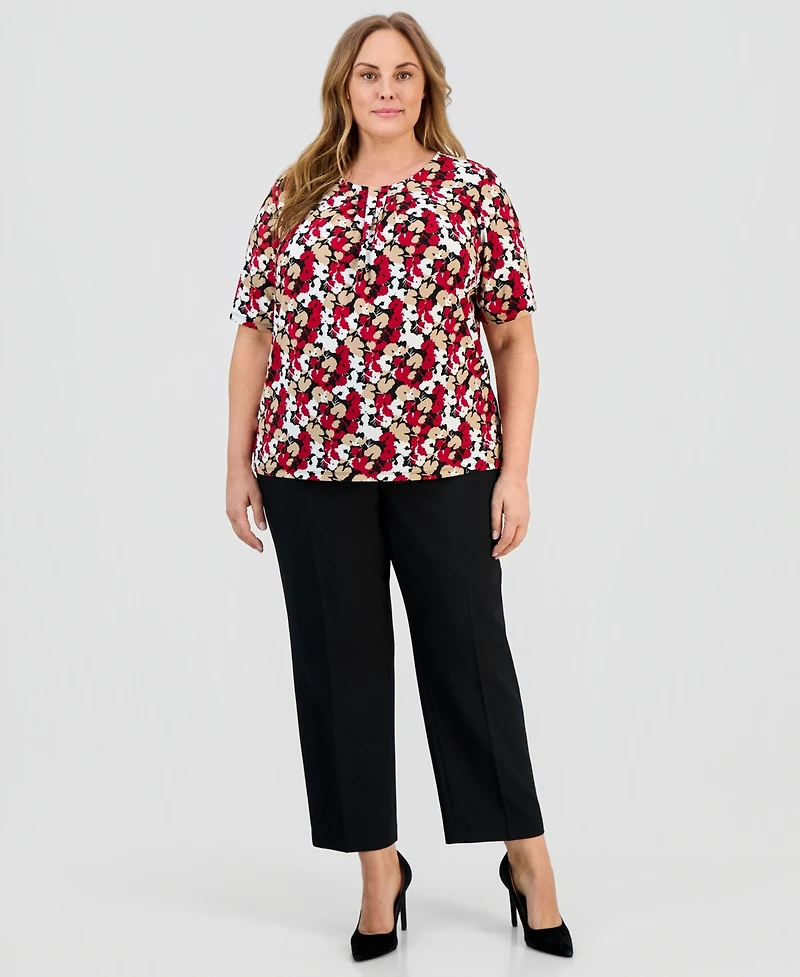 Kasper Plus Size Pleated-Neck Elbow-Sleeve Knit Top